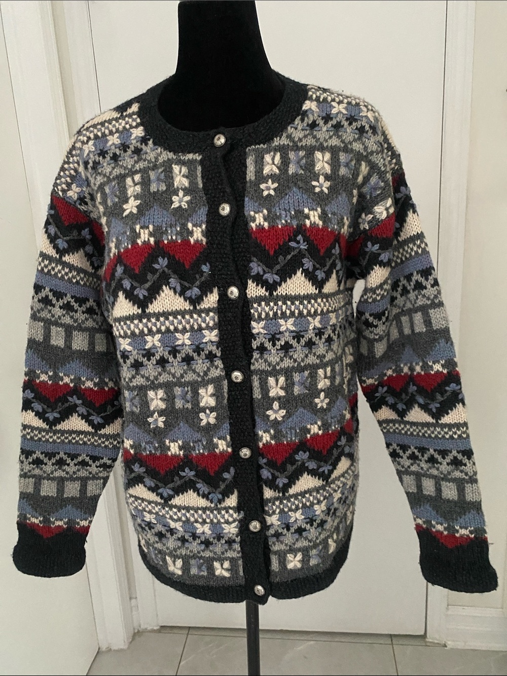 Point Zero VTG Wool Fair Isle Crewneck button-down Cardigan Sweater Size Medium